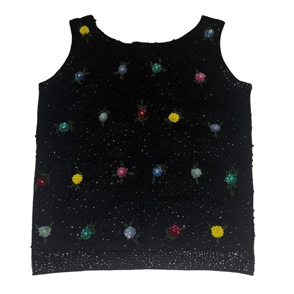 Vintage Sleeveless Sweater - Cyn Les Hand Beaded Sequin Rosette Black - Size 36 - Picture 2 of 11